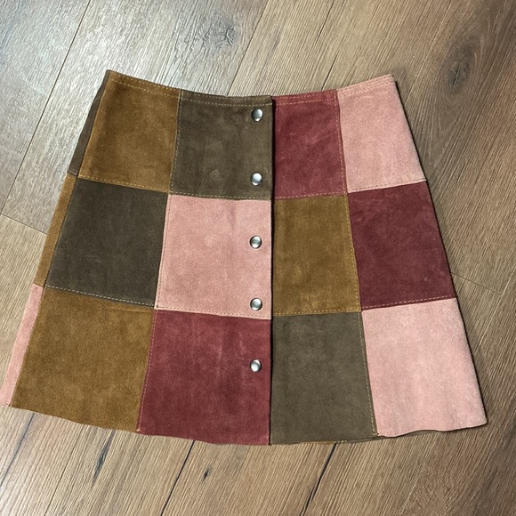 Topshop Dresses & Skirts - Topshop Pink & Brown Patchwork Faux Suede Button Front High Waist Mini Skirt